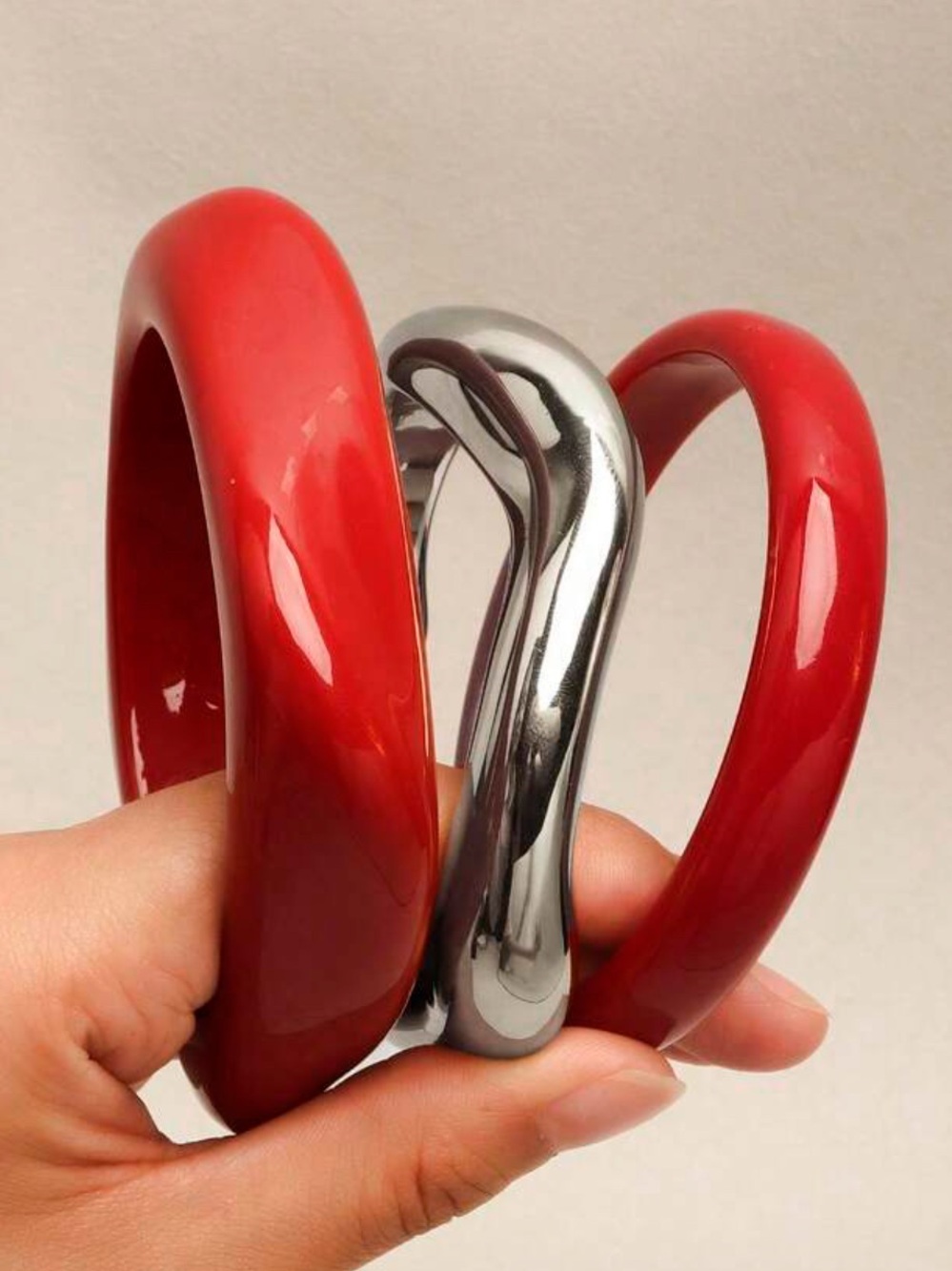 Red Resin and Silver Tone Women's Bangle Set - Stylish Stackable Bracelets